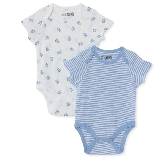 HelloBaby Boys 2-Pack Short Sleeve Bodysuits Striped with Poppers Envelope Neck Short Sleeve - Light Blue ebebek