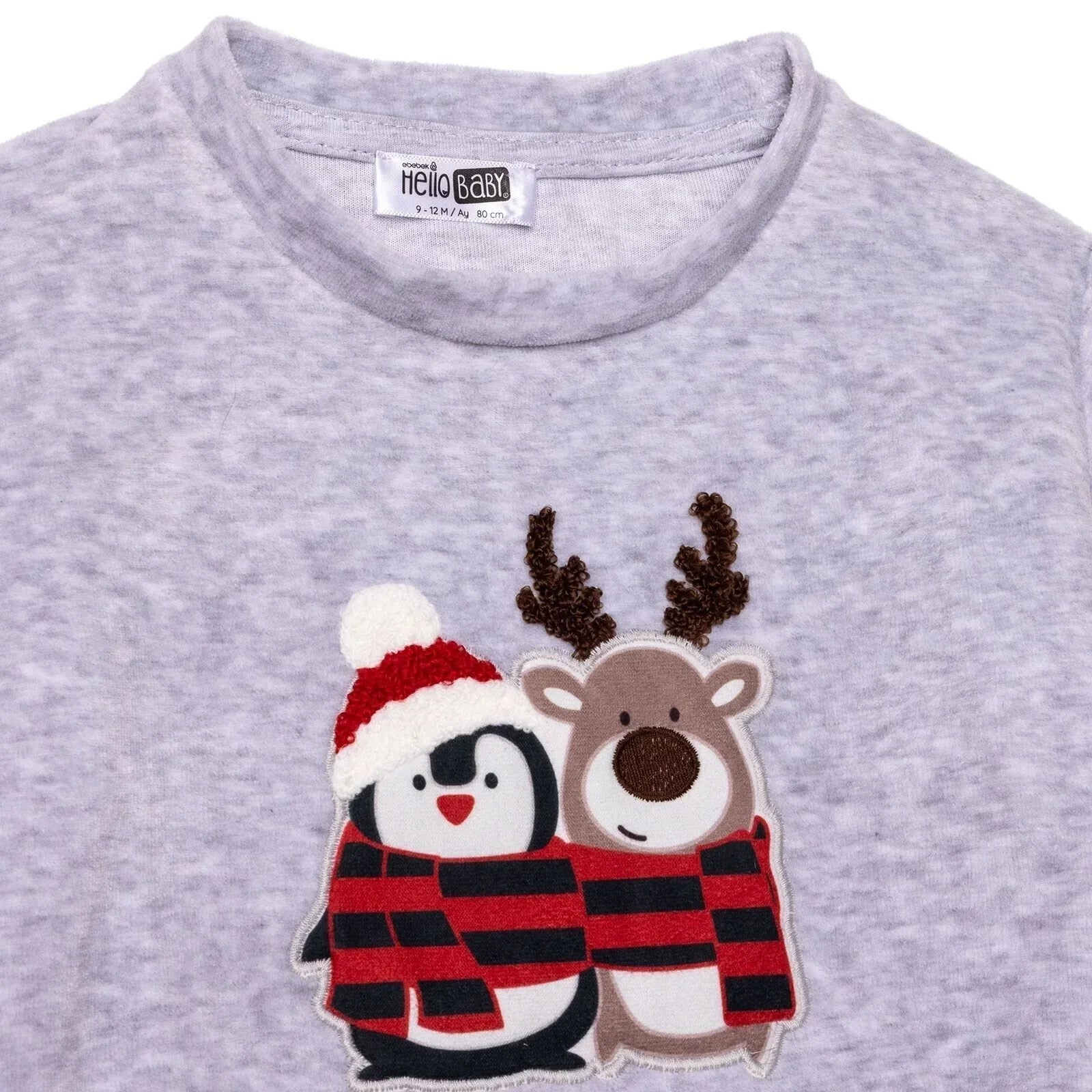 HelloBaby Boys Velvet Pyjama Set Animal with Poppers Christmas Crew Neck Long Leg Long Sleeve - Grey ebebek