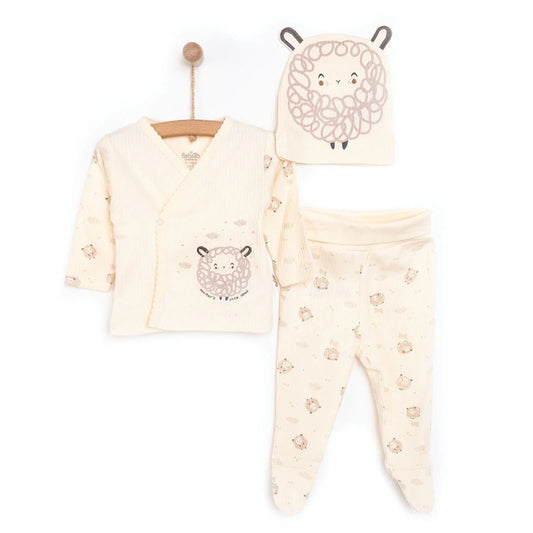 Bebetto Newborn Baby Girl Top-Footed Jumpsuit- Hat - Ecru ebebek