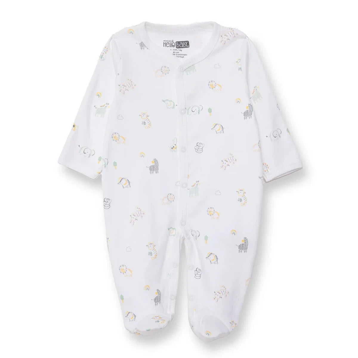 HelloBaby Boys Footed Romper Animal with Poppers Crew Neck Long Leg Long Sleeve - White Printed ebebek