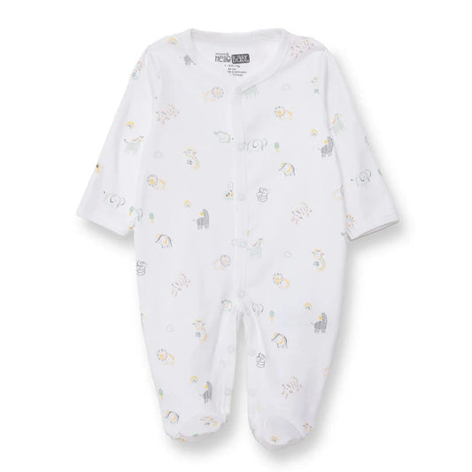 HelloBaby Boys Footed Romper Animal with Poppers Crew Neck Long Leg Long Sleeve - White Printed ebebek