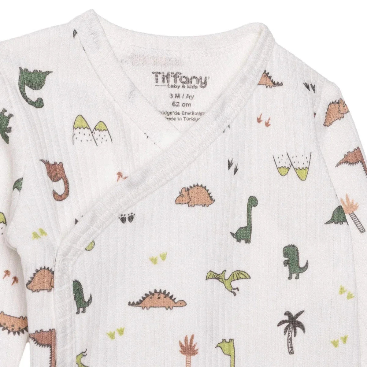 Tiffany Boys Bodysuit Dinosaur with Poppers V-Neck Long Sleeve - Ecru ebebek