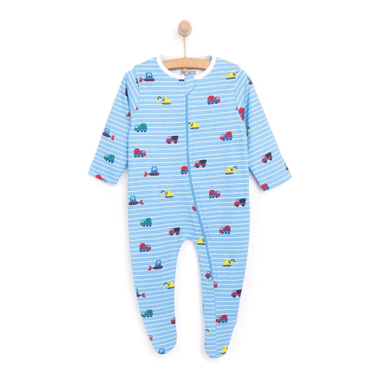 HelloBaby Boys Footed Romper Vehicles Zip-up Crew Neck Long Leg Long Sleeve - Blue ebebek