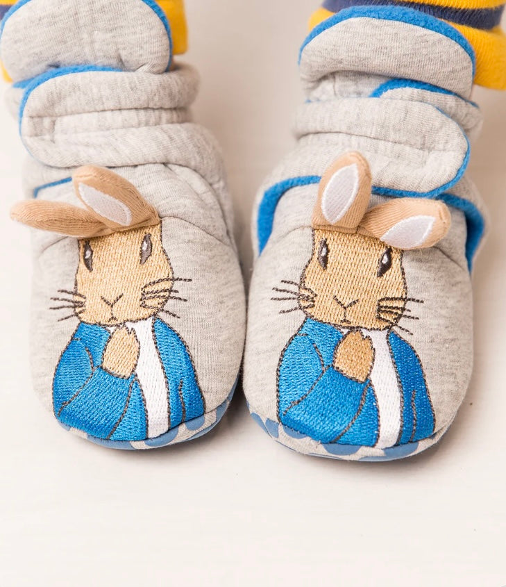 Pair of baby shoes/slippers/booties with Peter Rabbit design on a white background