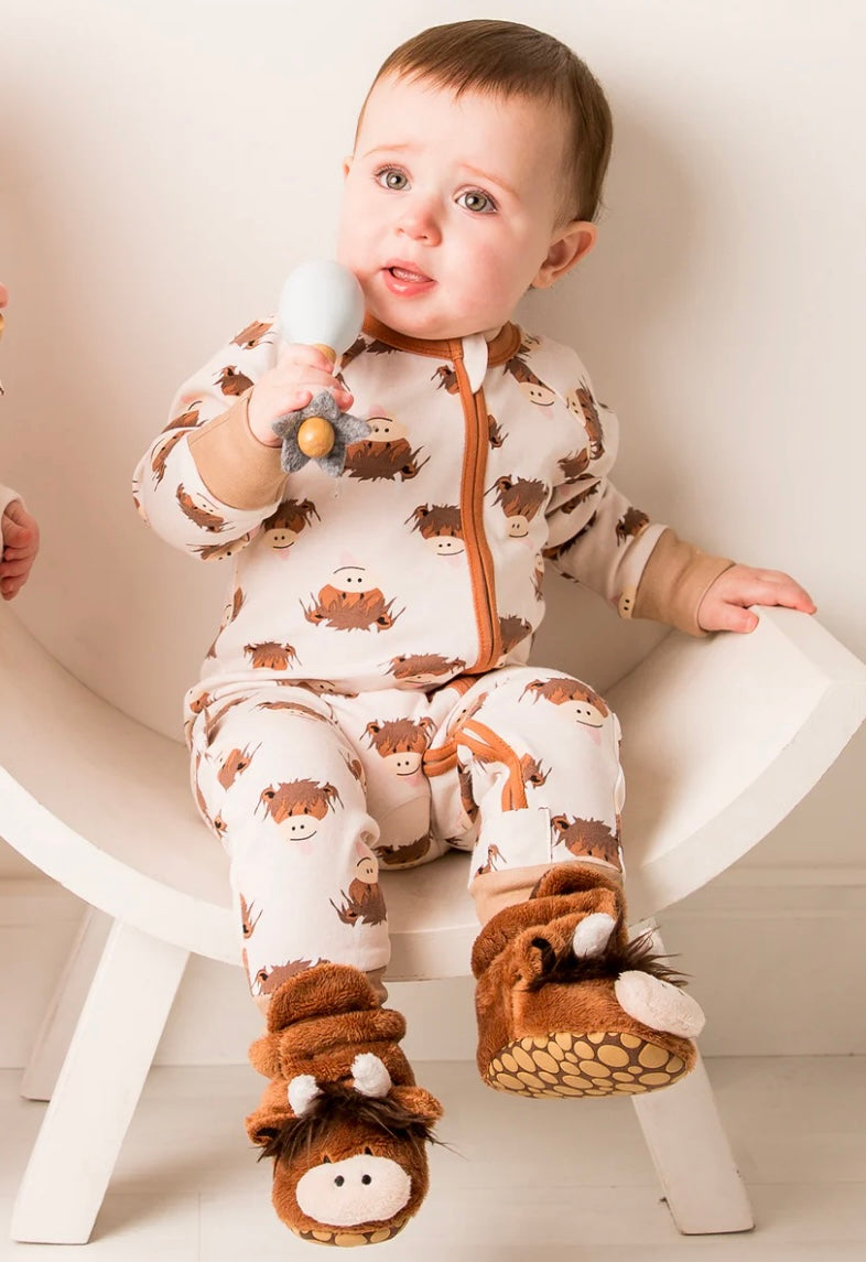 Neutral Hamish Highland Cow Zip-Up Romper Jumpsuit Pebble Children’s Wear
