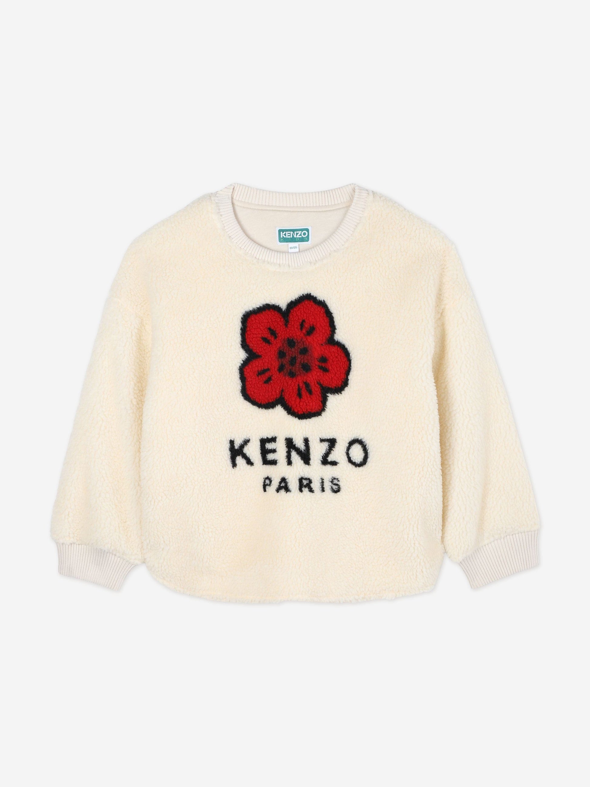 KENZO Girls Faux Shearling Flower Sweatshirt in Ivory Childsplay Clothing