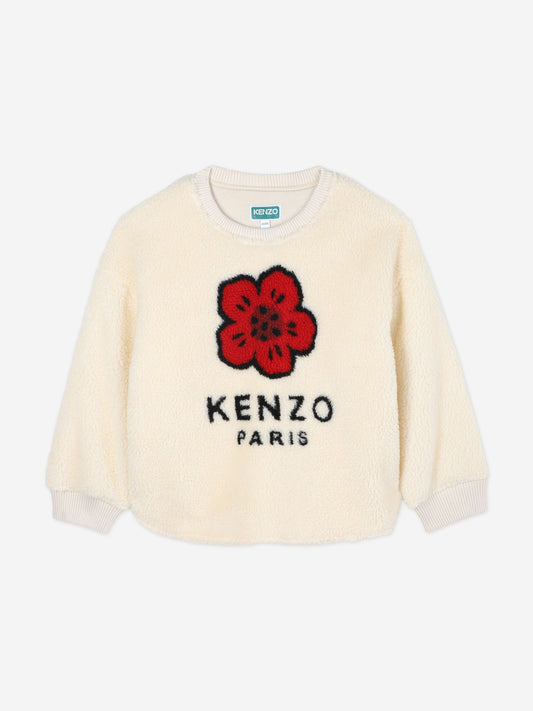 KENZO Girls Faux Shearling Flower Sweatshirt in Ivory Childsplay Clothing
