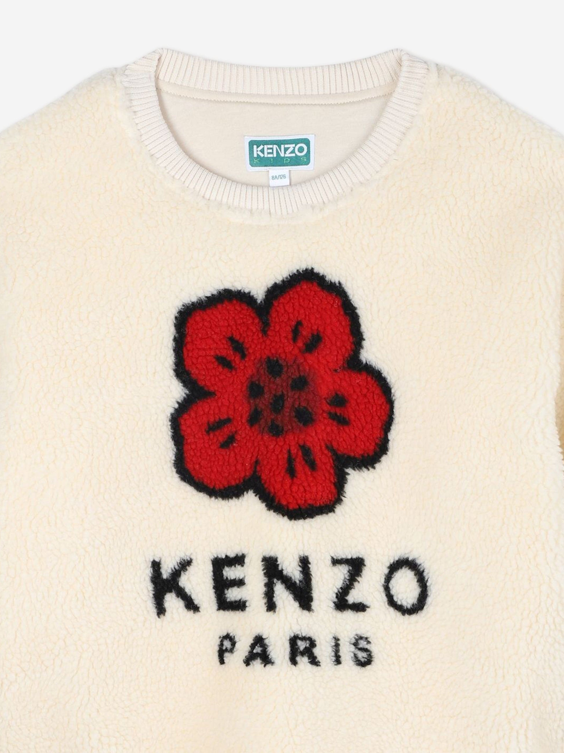 KENZO Girls Faux Shearling Flower Sweatshirt in Ivory Childsplay Clothing