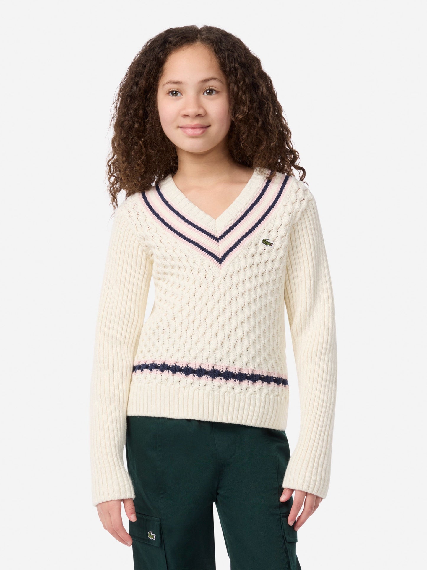 Lacoste Girls Mixed Stitch Jumper in Ivory Childsplay Clothing
