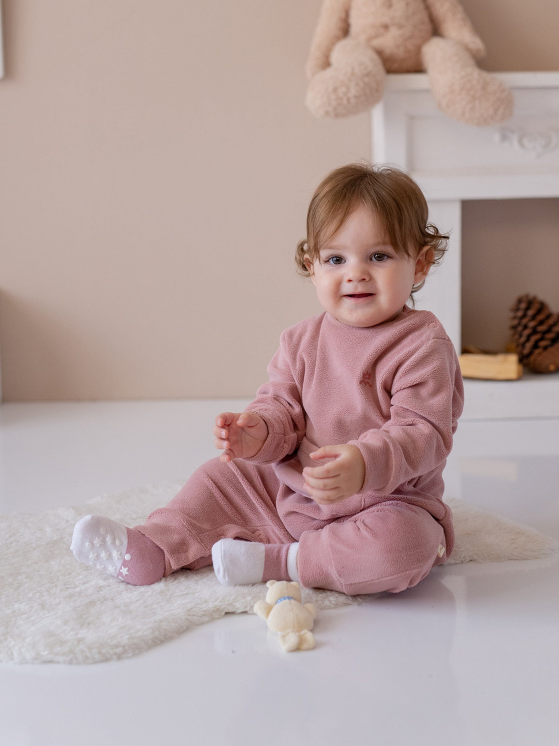 Mininio Baby Girls Cotton Fleece Romper in Pink Childsplay Clothing