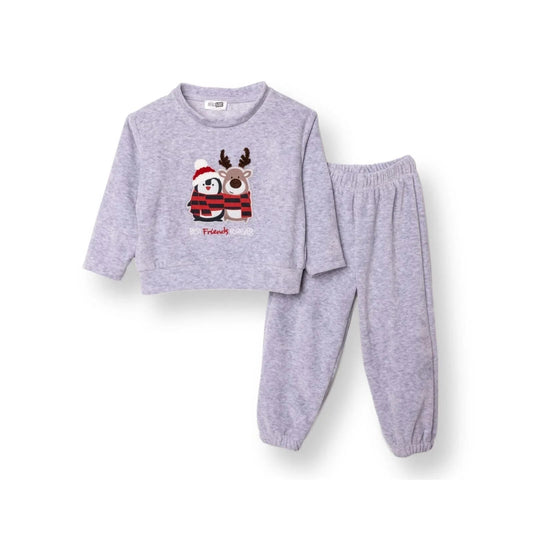 HelloBaby Boys Velvet Pyjama Set Animal with Poppers Christmas Crew Neck Long Leg Long Sleeve - Grey ebebek