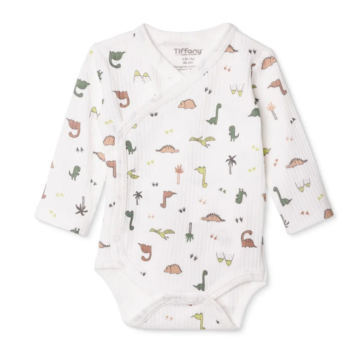 Tiffany Boys Bodysuit Dinosaur with Poppers V-Neck Long Sleeve - Ecru ebebek
