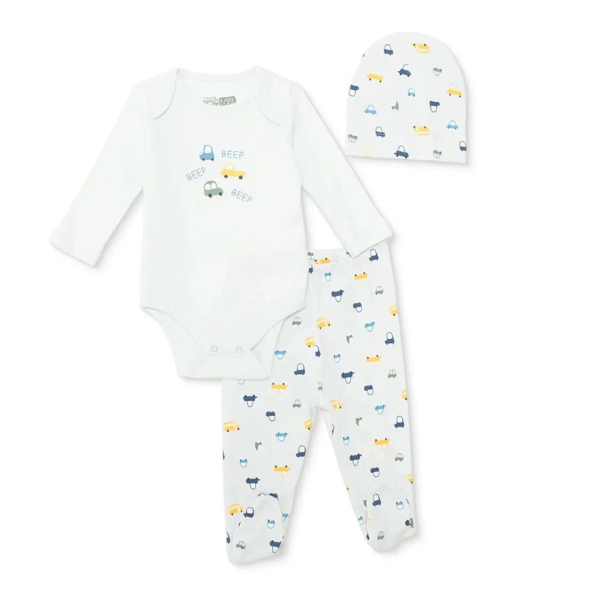 HelloBaby Boys Body-Footed Bottom-Hat Vehicles with Poppers Crew Neck Long Leg Long Sleeve - Light Blue ebebek